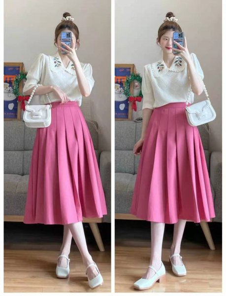 粉色半身裙配什么颜色上衣图片