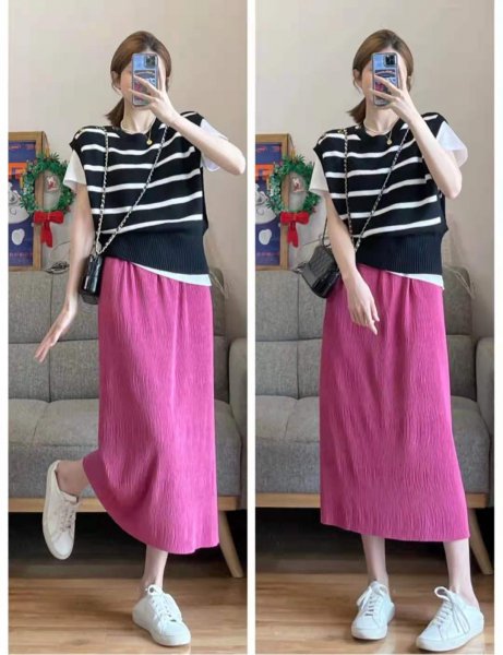 粉色半身裙配什么颜色上衣图片