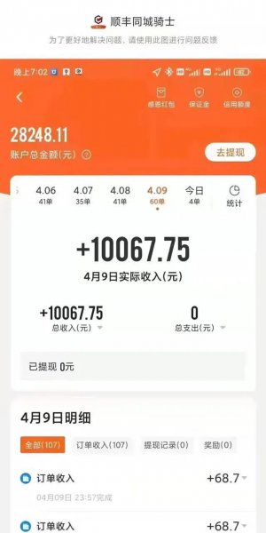 顺丰骑士兼职一天能跑多少钱