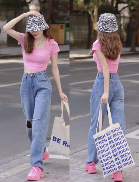 粉色t恤配什么裤子