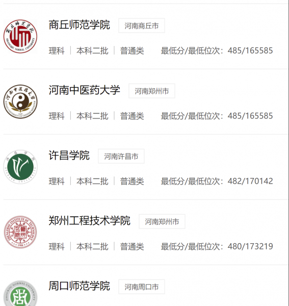 河南二本院校名单及分数线