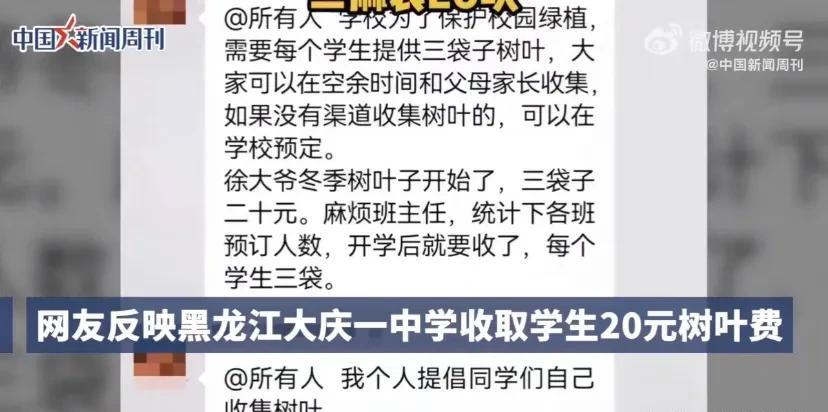 黑龙江一中学收学生20元树叶费
