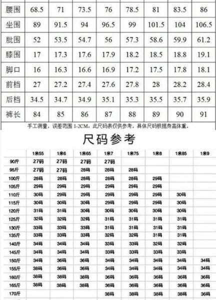 女士裤子尺码对照表图