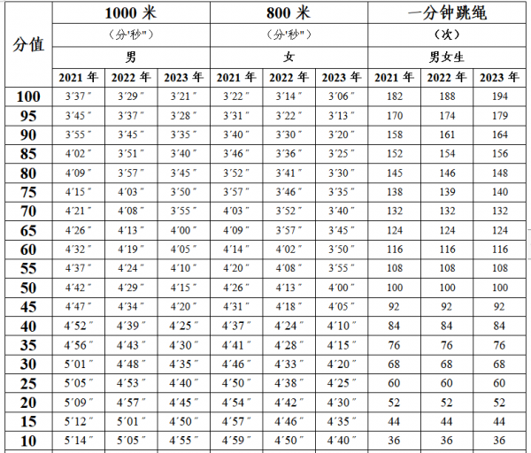 中考跳绳分数对照表