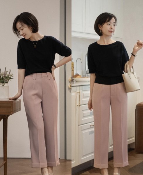 粉色阔腿裤配什么颜色上衣好看