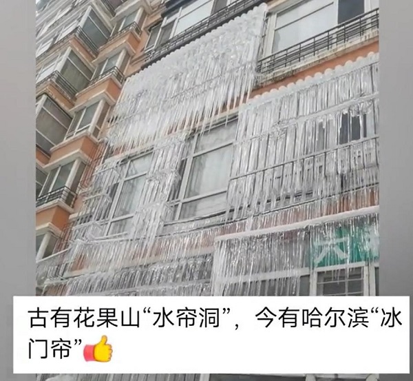 奇观！哈尔滨一小区成冰帘洞