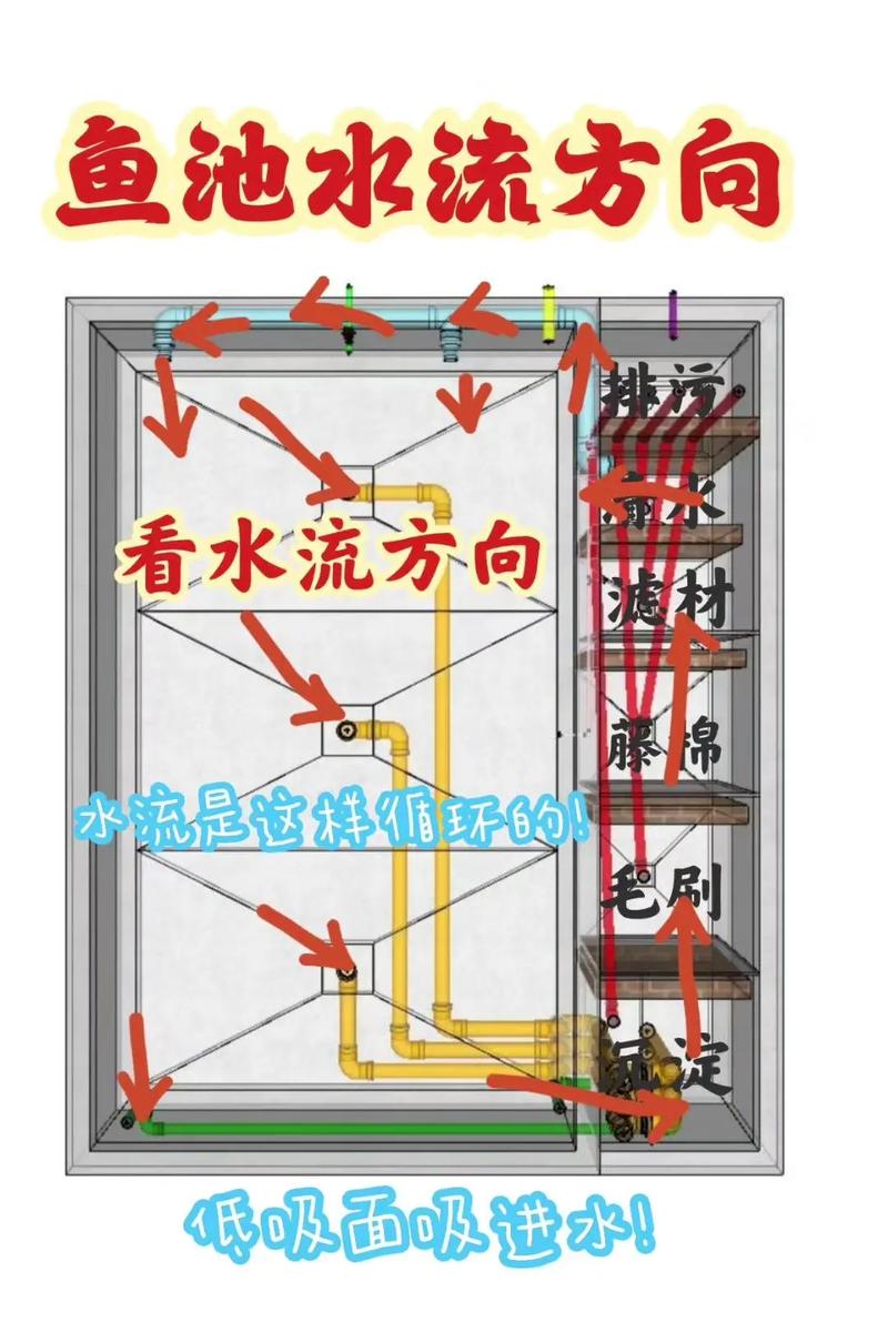 鱼池水循环系统图解（沉淀竖管物理生化过滤与清水回流）