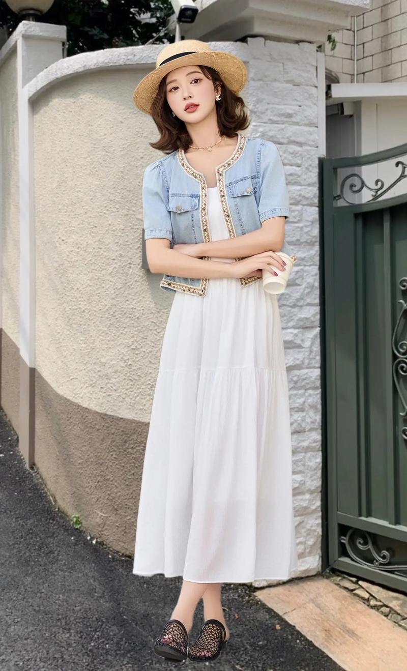 吊带牛仔裙搭配上衣图片(白T搭配,裙摆宽松更显高级感)