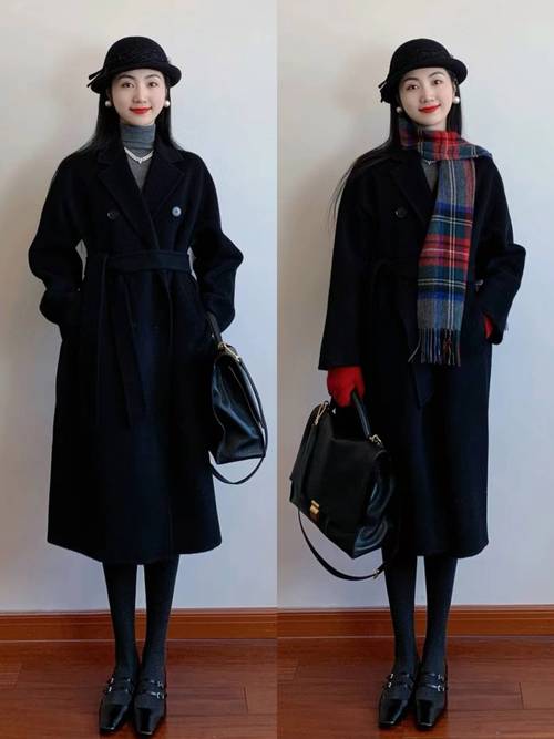 女黑色大衣配什么颜色内搭（黑色大衣穿搭亮色点缀叠穿层次拉腰线显高）