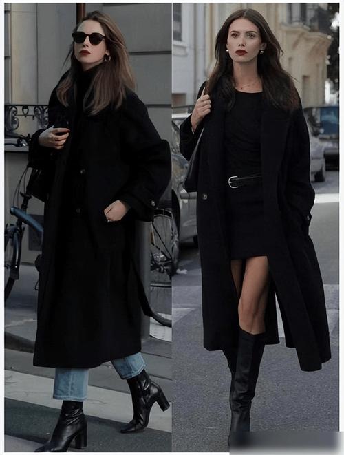 黑色大衣搭配图片女（黑色大衣穿搭层次对比提亮气质日常正式皆宜）