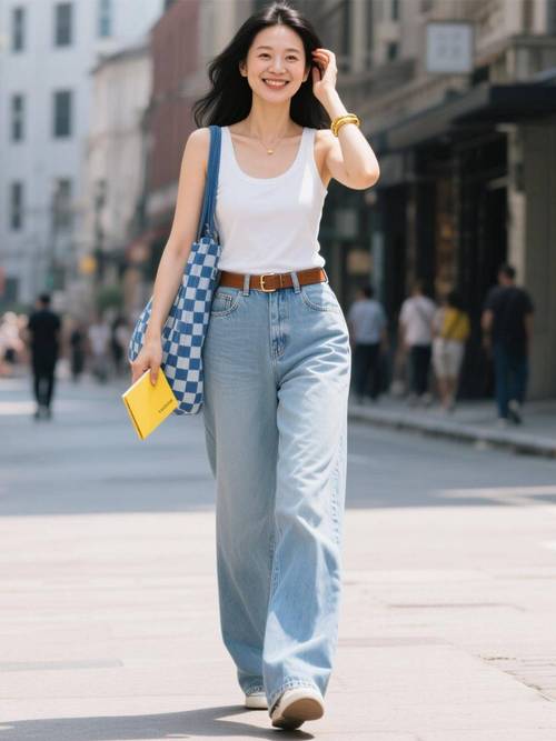 牛仔阔腿裤搭配上衣图片（复古现代混搭，都市白领显瘦又有温度）