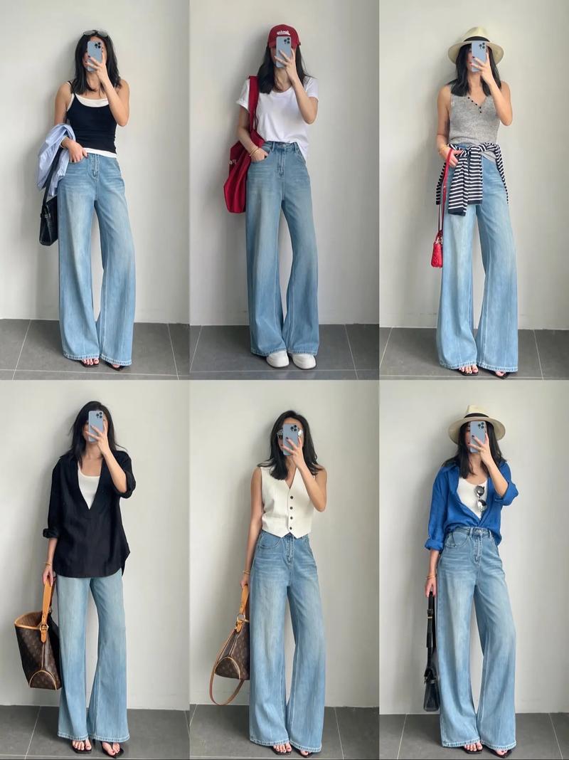 牛仔阔腿裤上衣搭配图(秋日牛仔阔腿裤搭配深蓝西装基底与白色小香外套显气场腰线)