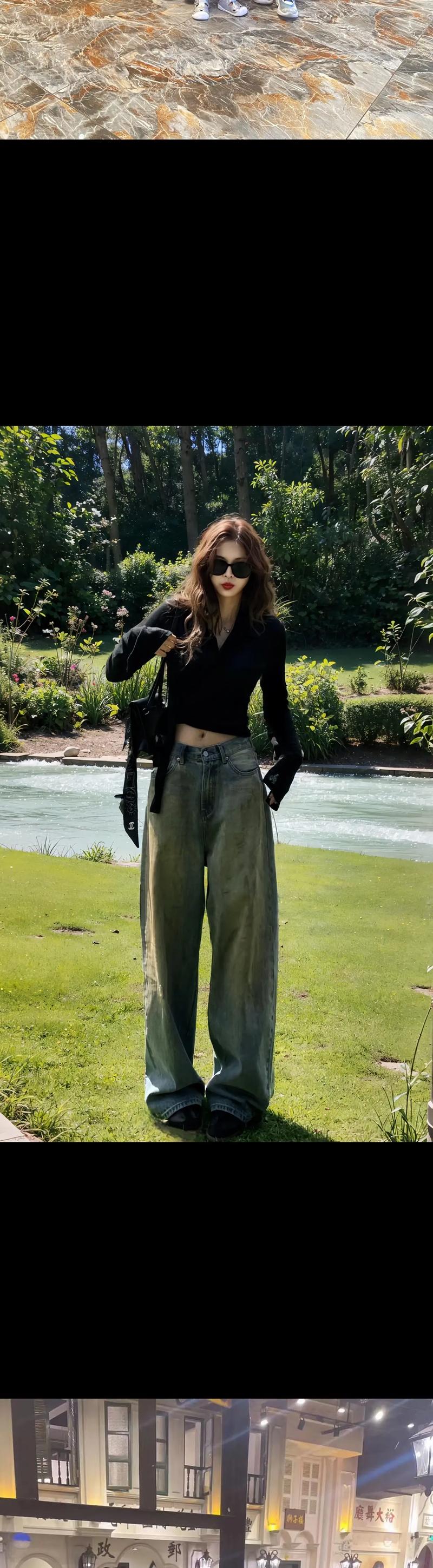 阔腿牛仔裤搭配紧身上衣图片（阔腿牛仔裤遇紧身上衣强调腰线与臀部轮廓日常职场皆可驾驭）