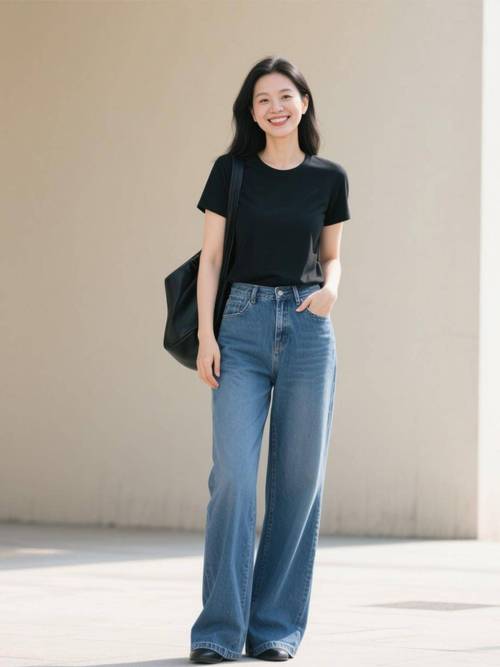 牛仔阔腿裤搭配图片（强调垂感与比例显腿长）