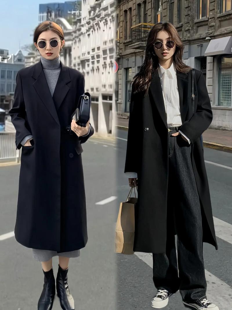 黑色大衣最佳搭配图片（材质剪裁叠穿与配饰）