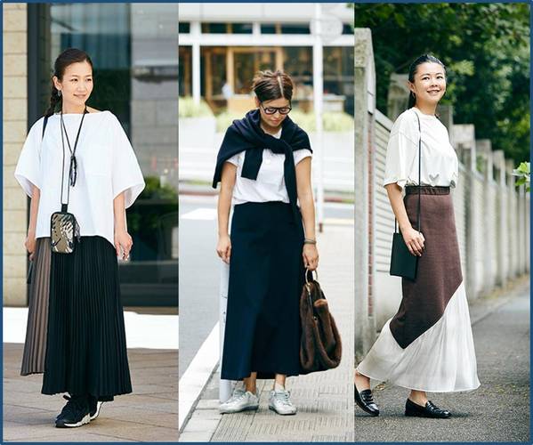 日本中年女人穿衣搭配(宽摆裙配清晰肩线上衣) 日本中年女人穿衣搭配(宽摆裙配清晰肩线上衣)