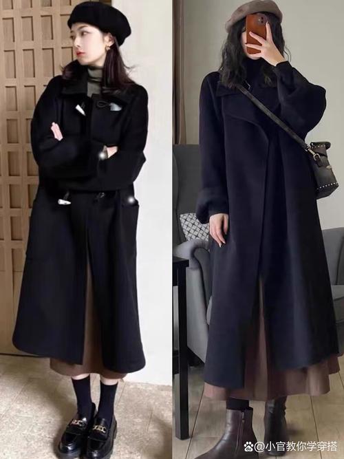 黑色大衣的穿搭图片女（腰线提拉层次叠色2-3件配饰）