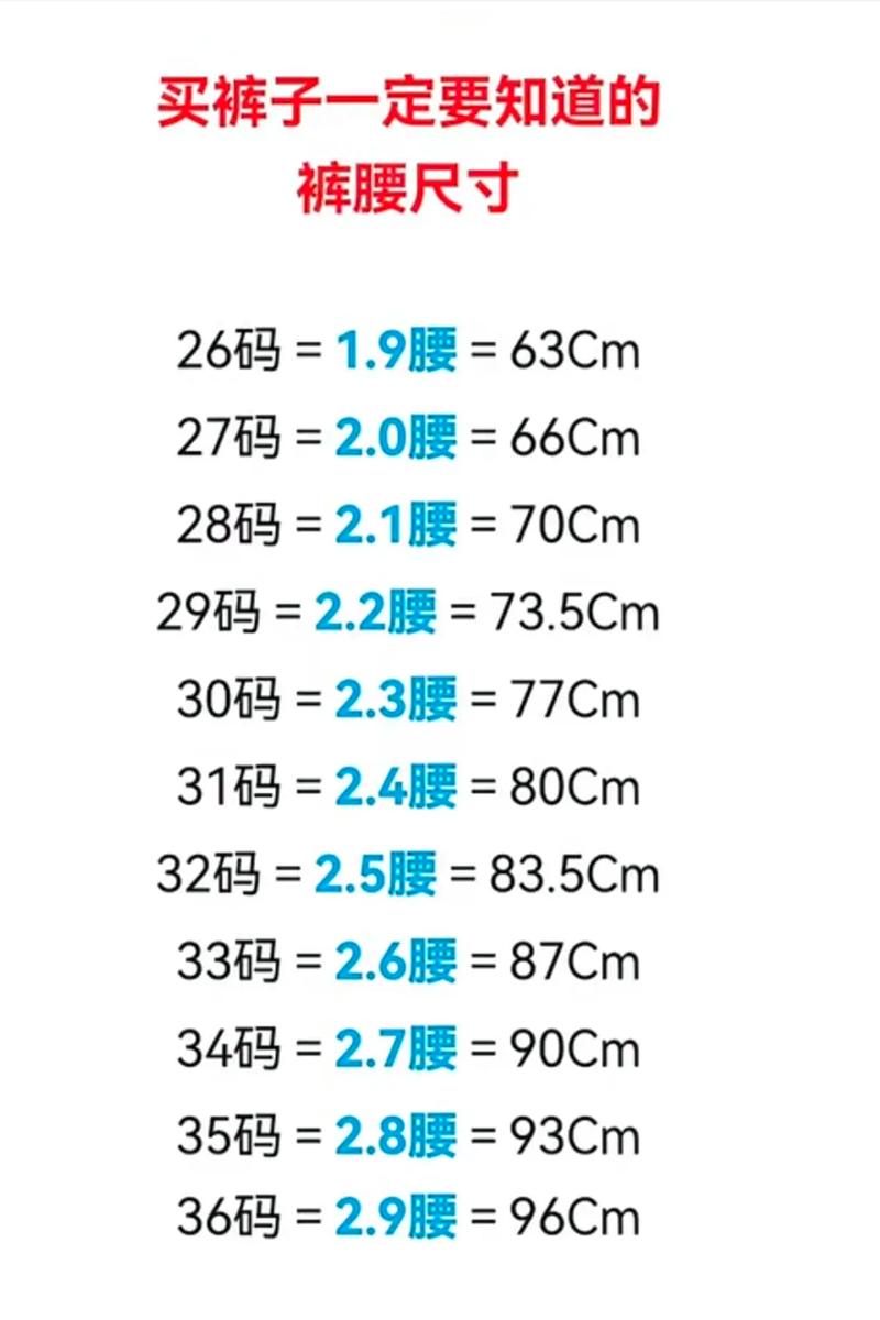 腰围尺寸对照表（国标命名YABC裁剪与贴合测量）