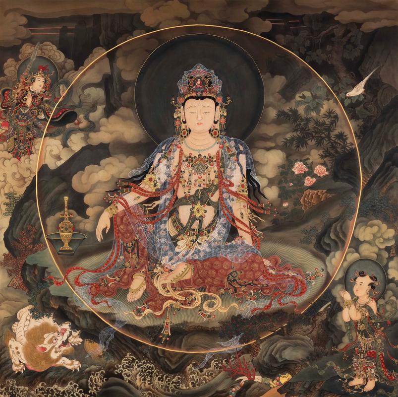 法海寺壁画水月观音细节——艺术与信仰的完美结合（明代壁画水月观音半跏坐象征守护与虔诚）